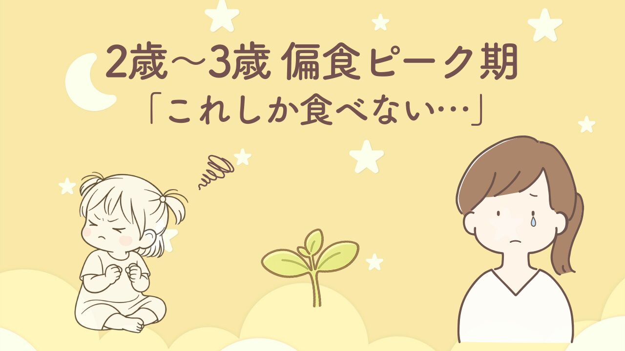 2〜3歳の偏食ピーク期でこれしか食べない幼児と悩むママのイラスト